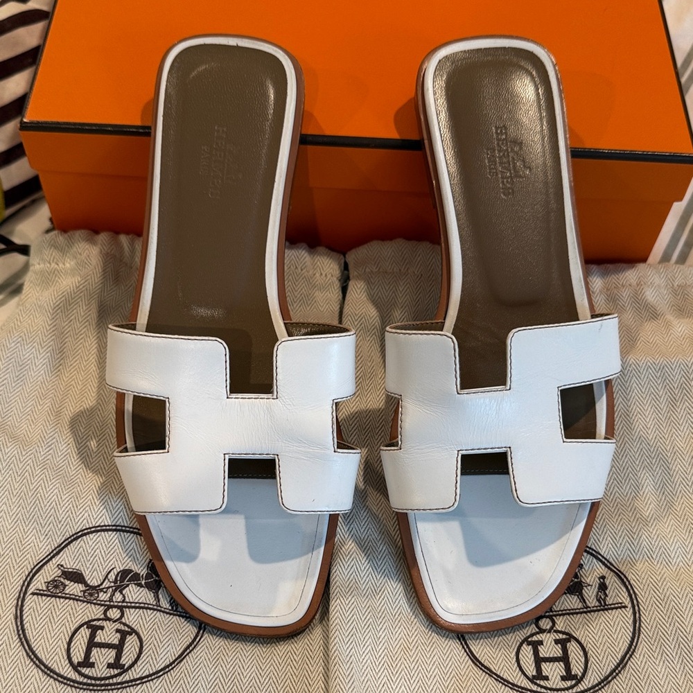 Hermes White Oran Sandals Size 37.5